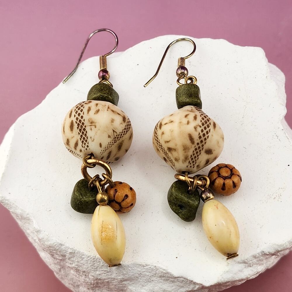 Cream Green Orange Bead Drop Earrings Patterned Chunky Boho Statement Pair